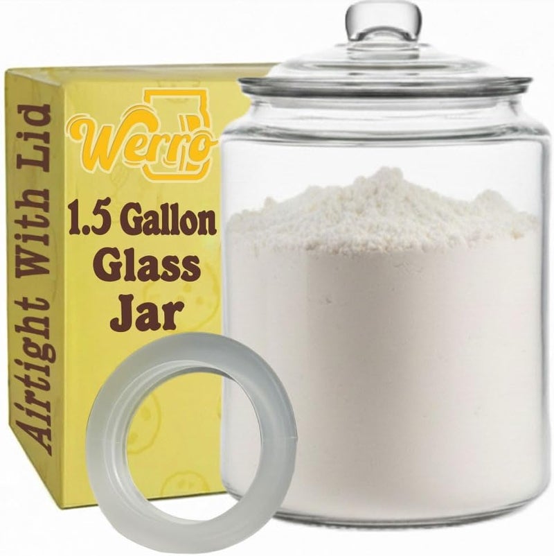 WERRO 1.5 Gallon Glass Jar With Lid - Extra Gasket - Glass Cookie Jar - Glass Storage Container, Clear Canisters with Airtight Lids, Flour, Pet Treats, Kitchen Food Storage, for Pantry or Laundry - Image 1